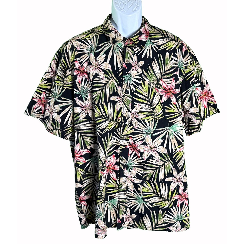 Cooke Street Button Down Shirt Mens 2XL Black Tropical Floral Palm Leaf Cotton
